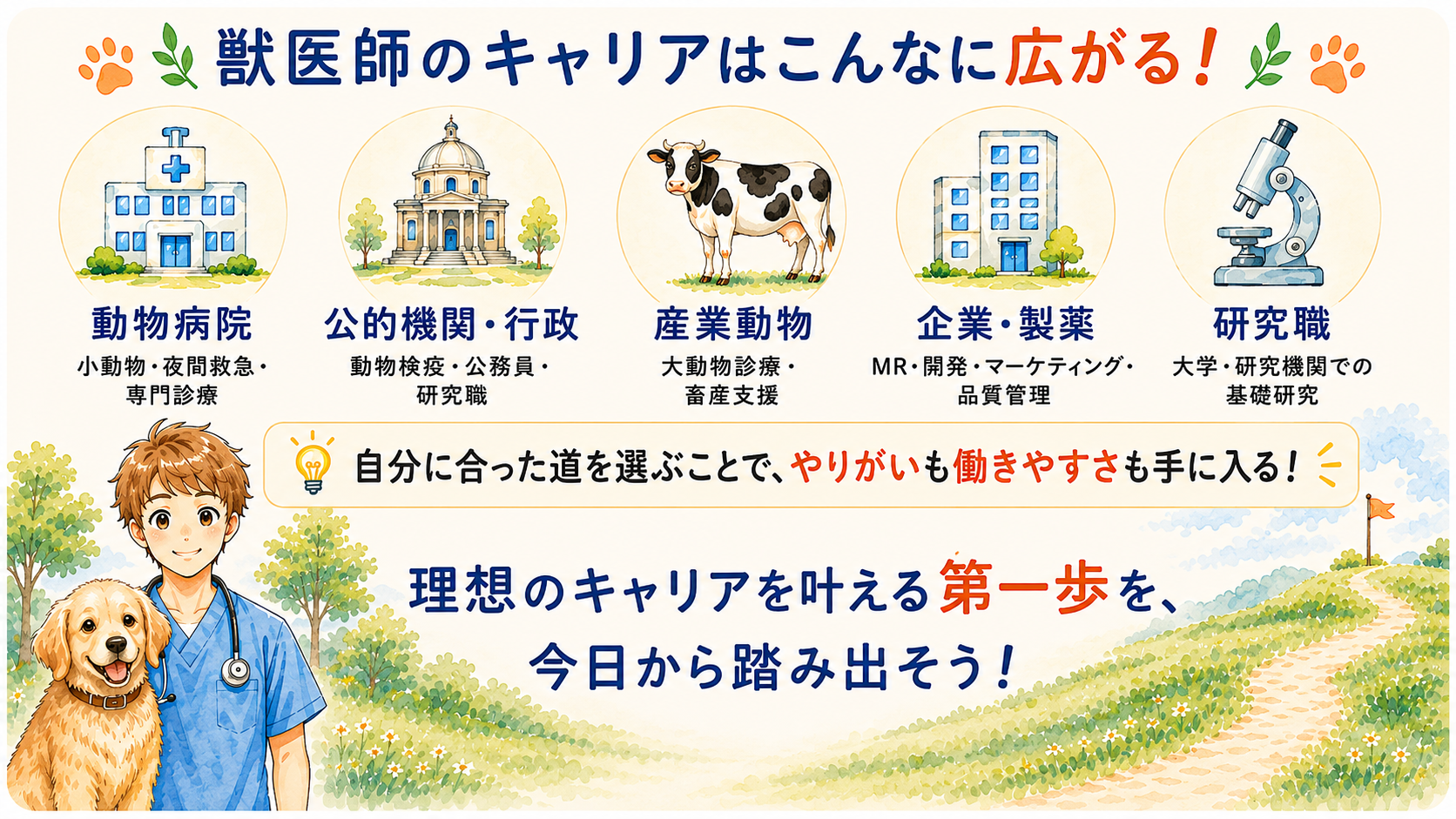 獣医師のキャリアはこんなに広がる！動物病院・公的機関・産業動物・企業製薬・研究職の5つの選択肢と、理想のキャリアの第一歩を踏み出すメッセージ