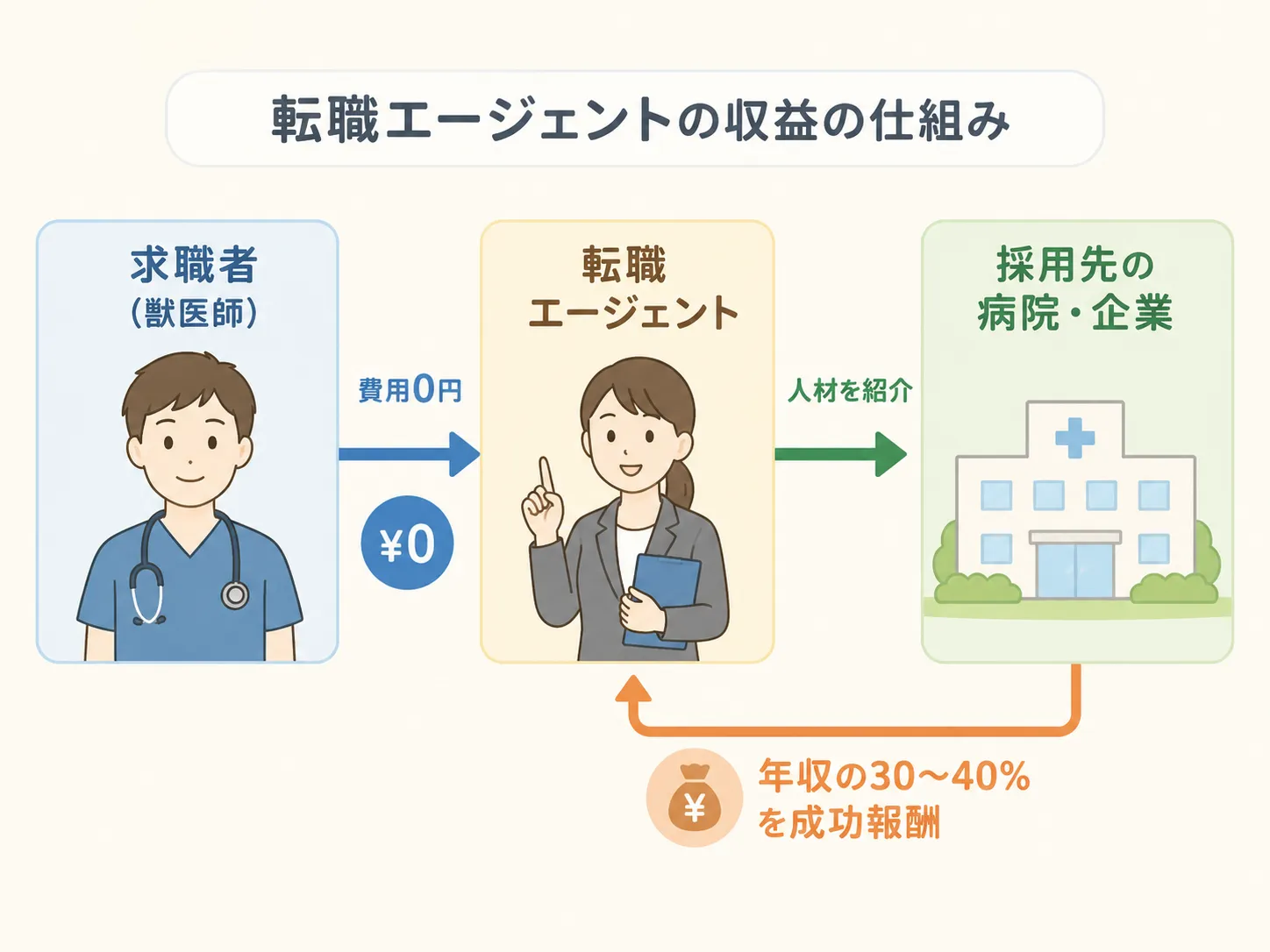 転職エージェントの収益の仕組み。求職者は費用0円で、採用先の病院・企業がエージェントに年収の30〜40%を成功報酬として支払う流れの図解