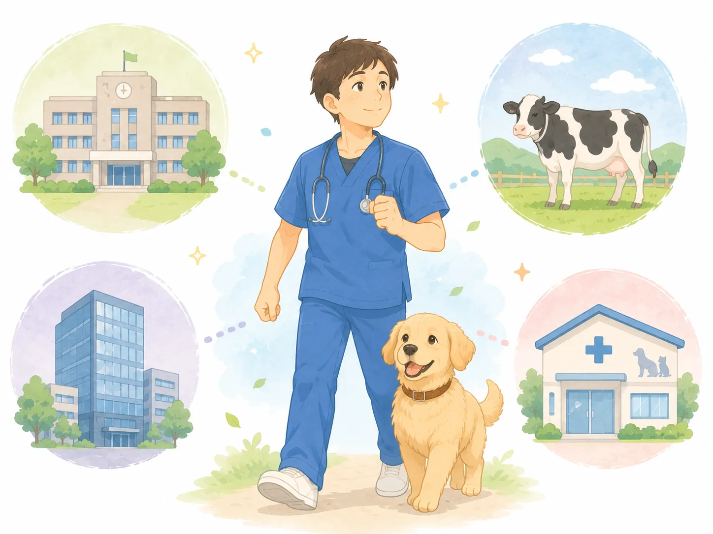 獣医師の子犬と歩く獣医師の周りに、公務員(役所)・産業動物(牛)・企業(オフィス)・別の動物病院という4つの選択肢が描かれた図