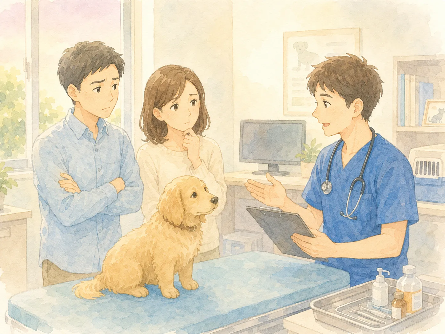 動物病院の診察室で、診察台の犬を前に飼い主夫婦へ丁寧に説明する若い獣医師。飼い主は少し困り顔