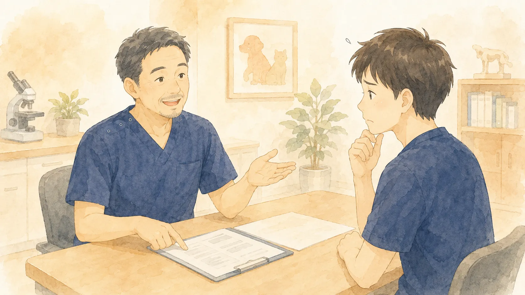 診察室で院長が笑顔で話し、向かいの若い獣医師が少し困った表情で聞いている様子