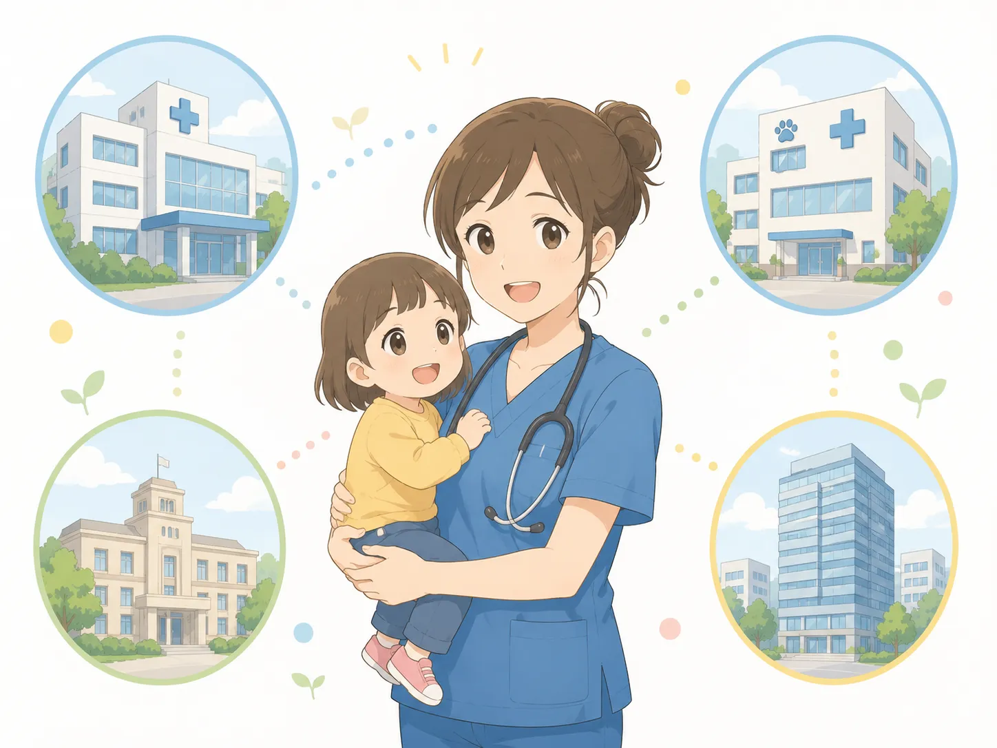 子どもを抱いた笑顔の女性獣医師と、周囲に大手病院・二次診療施設・行政・企業という4つの選択肢を表すアイコン