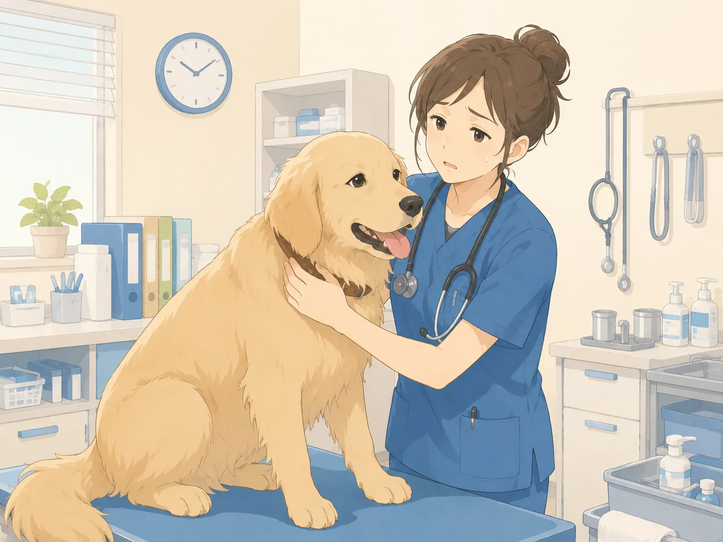 動物病院の診察室で、大きな犬を診察しながら少し疲れた表情の女性獣医師