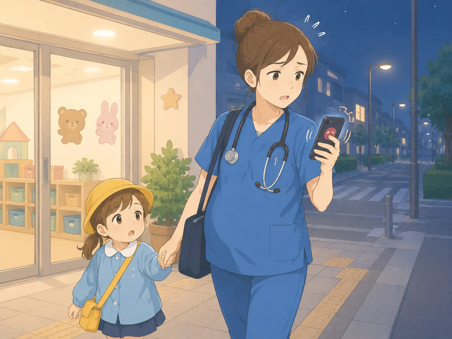 夜、子どもの手を引いて保育園へ急ぐ女性獣医師が、病院からの着信に困った表情を浮かべている