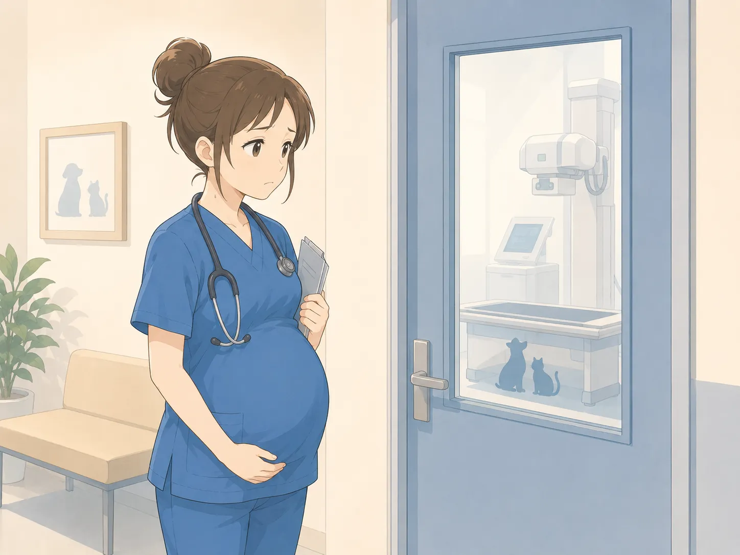 おなかの大きい妊娠中の女性獣医師が、レントゲン室の扉の前で立ち止まっている