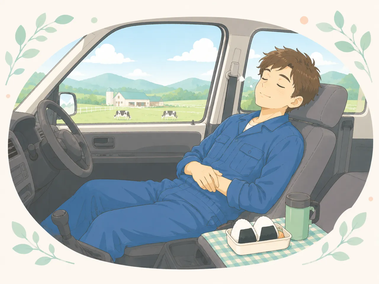 往診車の運転席でおにぎりを食べたあと、シートを倒してうたた寝する産業動物獣医師