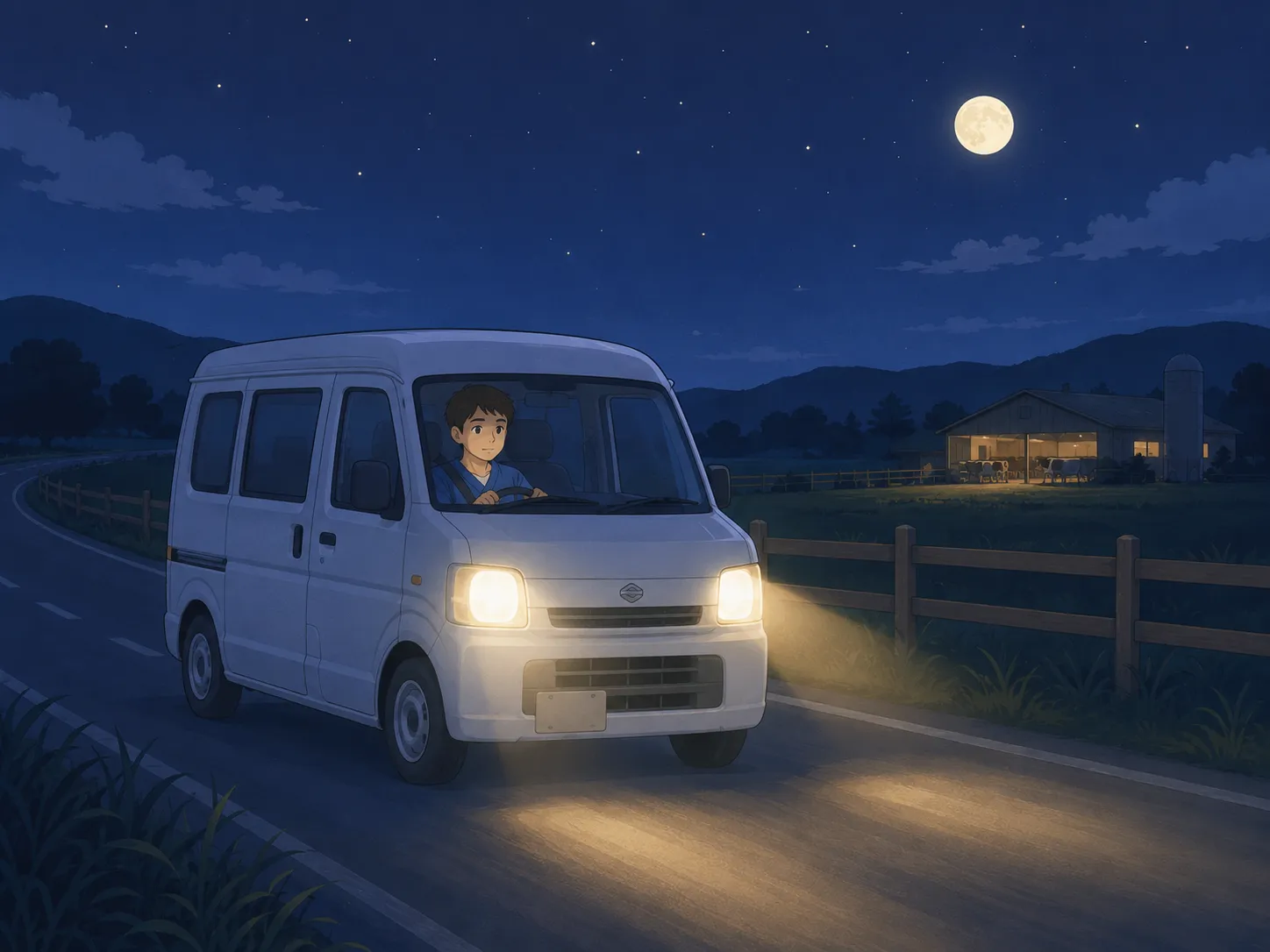 満月の夜、農場へ向かって田舎道を走る診療車の運転席から見た様子