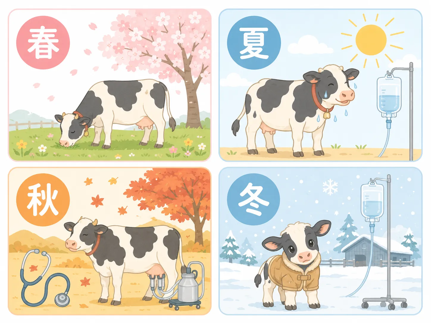春夏秋冬それぞれの牛のイラスト。春は花見、夏は点滴、秋は搾乳、冬は防寒着姿の子牛