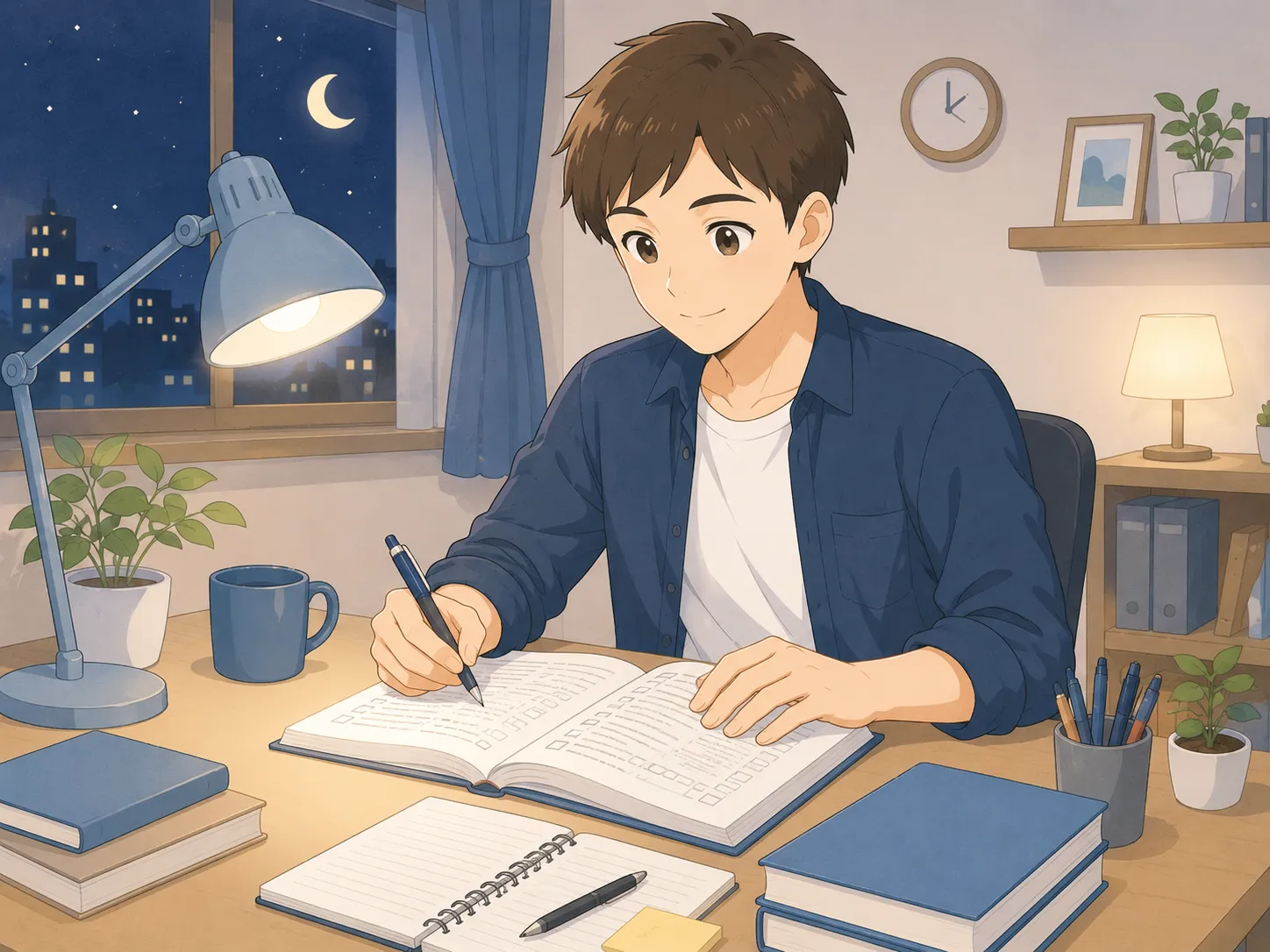 夜、自室の机で参考書に向かって公務員試験の勉強をする男性