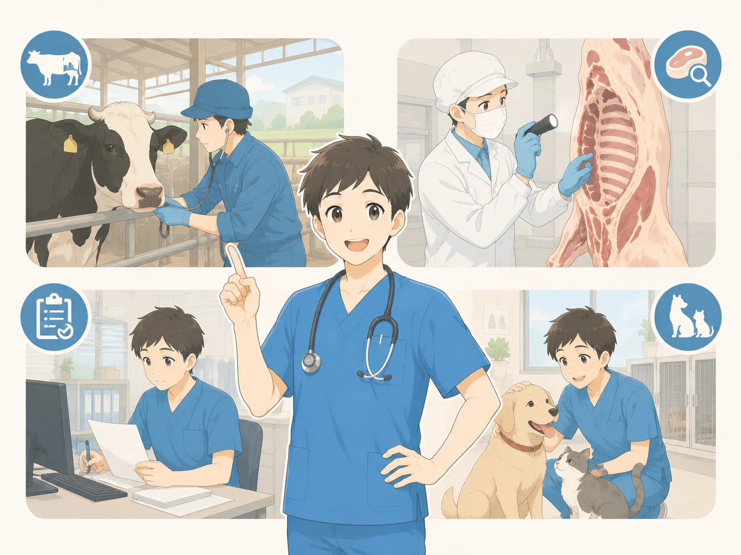 家畜保健衛生所で牛を診察・食肉衛生検査所で検査・保健所でデスクワーク・動物愛護センターで犬猫と触れ合う獣医師、4つの職種のイメージ