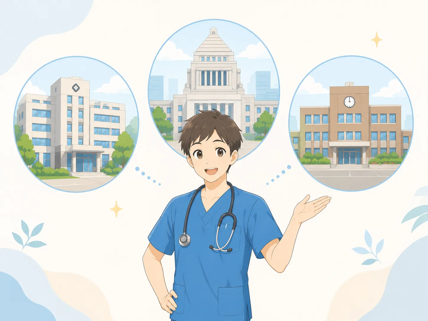 県庁・国の省庁・市役所という3つの職場を背景に、案内する獣医師のイラスト