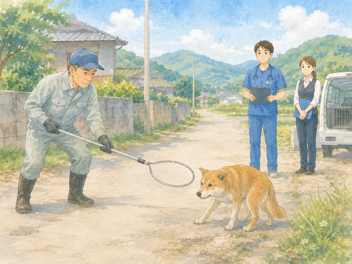田舎道で捕獲棒を使って徘徊犬を捕獲するベテラン職員と、少し離れて見守る若い獣医師