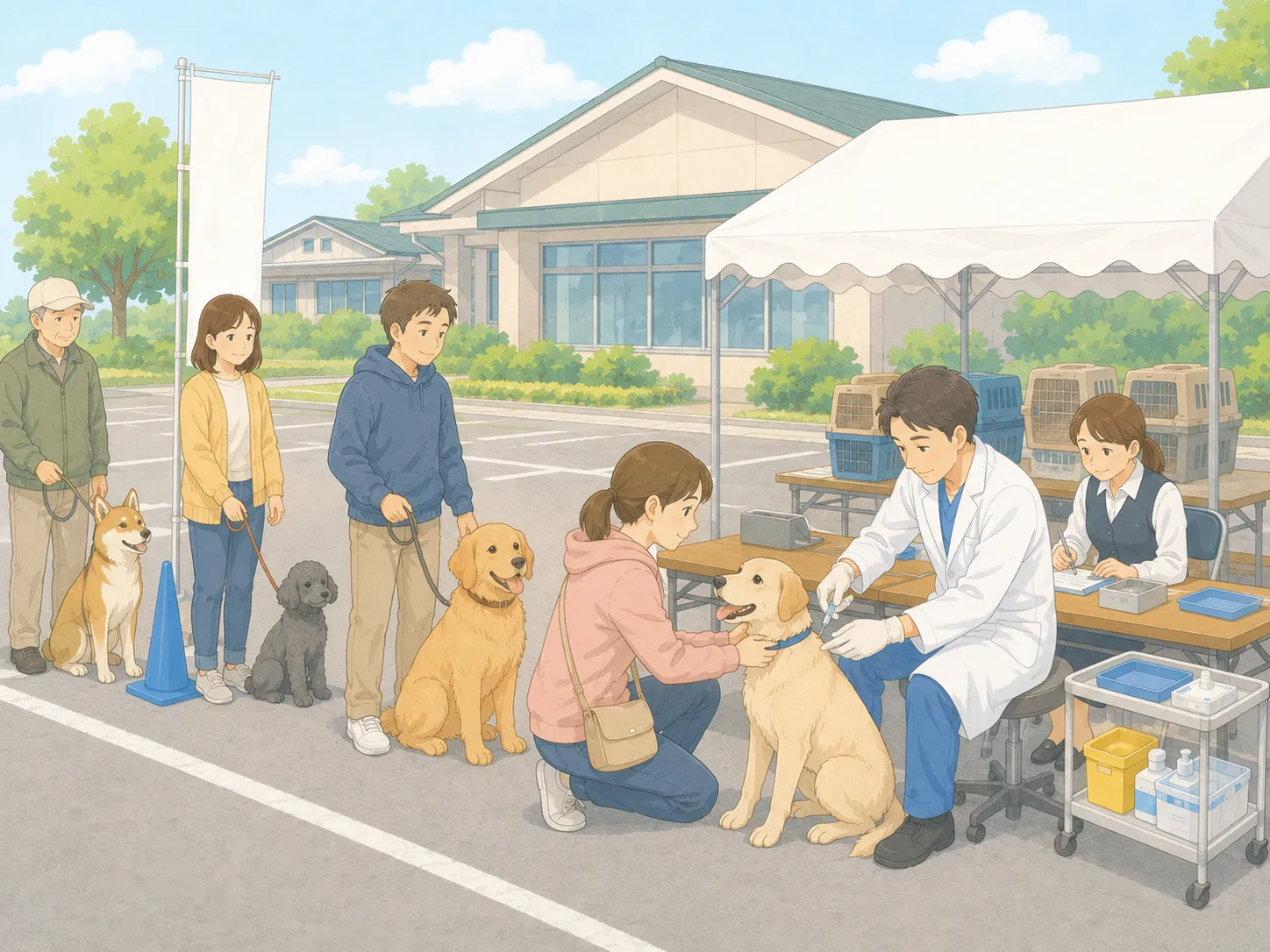 公民館の駐車場に設営された狂犬病の集合注射会場。動物病院の先生が犬に注射し、横で予防員が受付・会計をしている