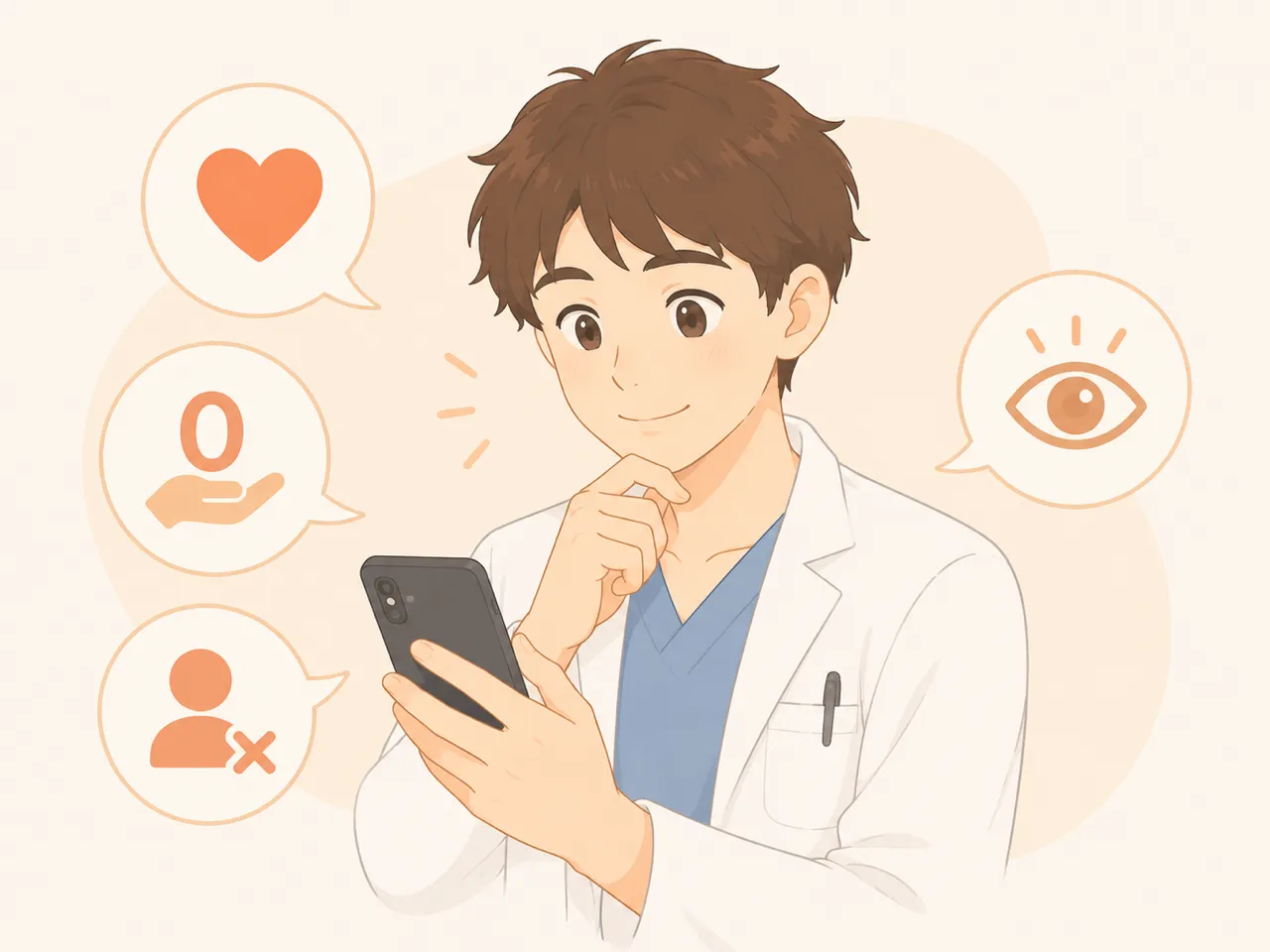 スマホを見て安心している獣医師。登録は無料・連絡はしつこくない・見るだけでもOK