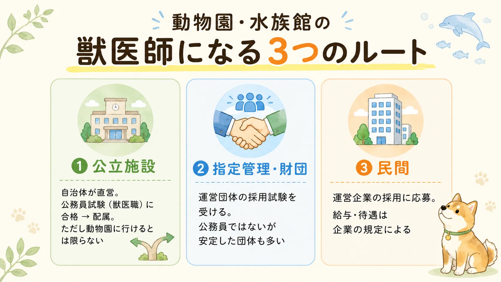 動物園・水族館の獣医師になる3つのルート(公立・指定管理財団・民間)の図解