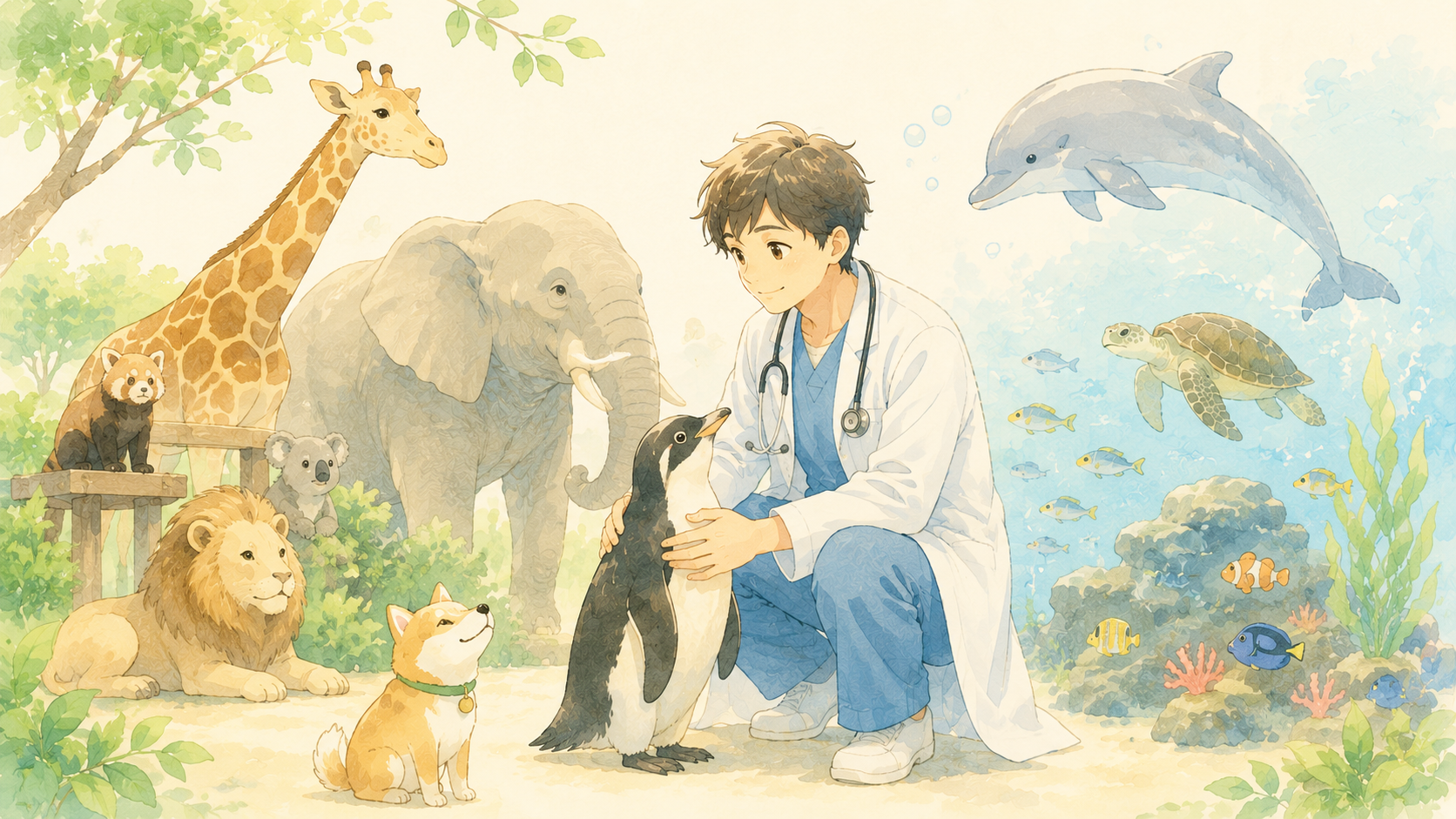 動物園・水族館で、ライオン・キリン・ゾウ・ペンギン・イルカ・ウミガメなど多種多様な動物に囲まれた獣医師のイラスト