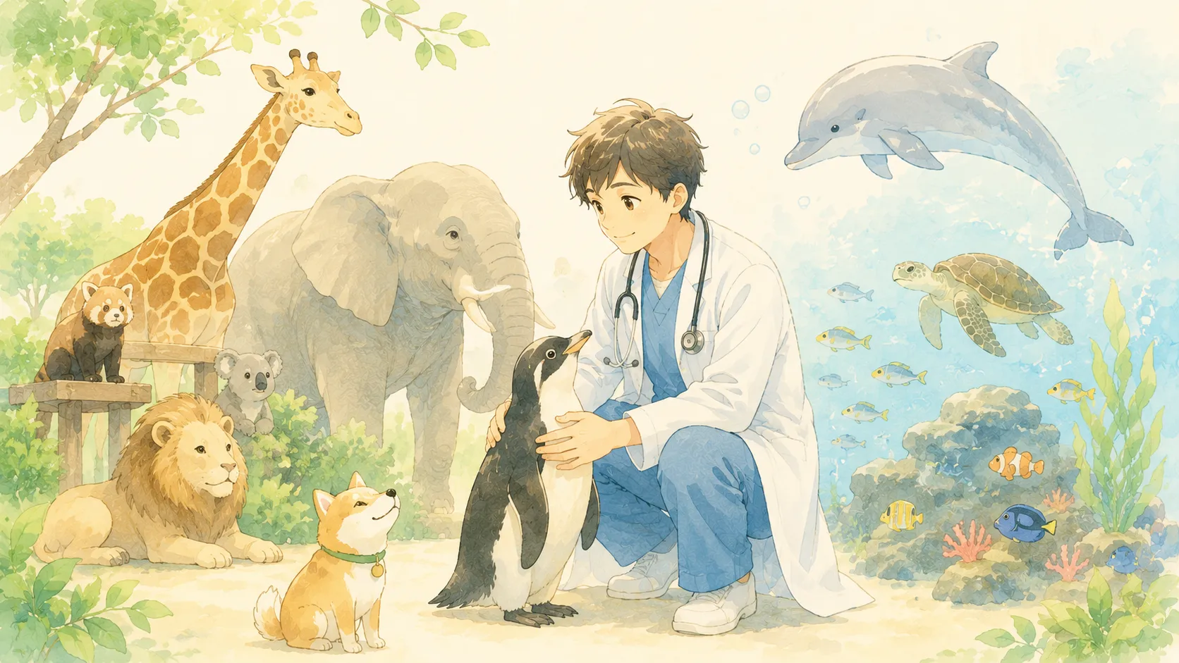 動物園・水族館で、ライオン・キリン・ゾウ・ペンギン・イルカ・ウミガメなど多種多様な動物に囲まれた獣医師のイラスト